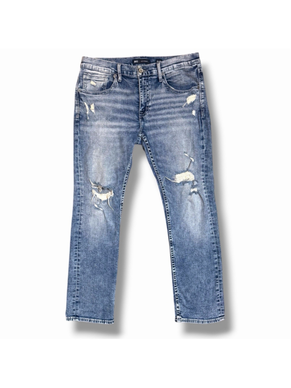 BKE Jake Jeans Mens 38x32 Blue Distressed Denim BKE Jake Straight Leg Buckle
